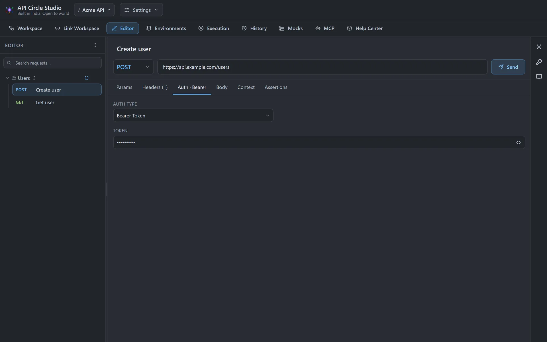 API Circle request editor showing the authentication configuration