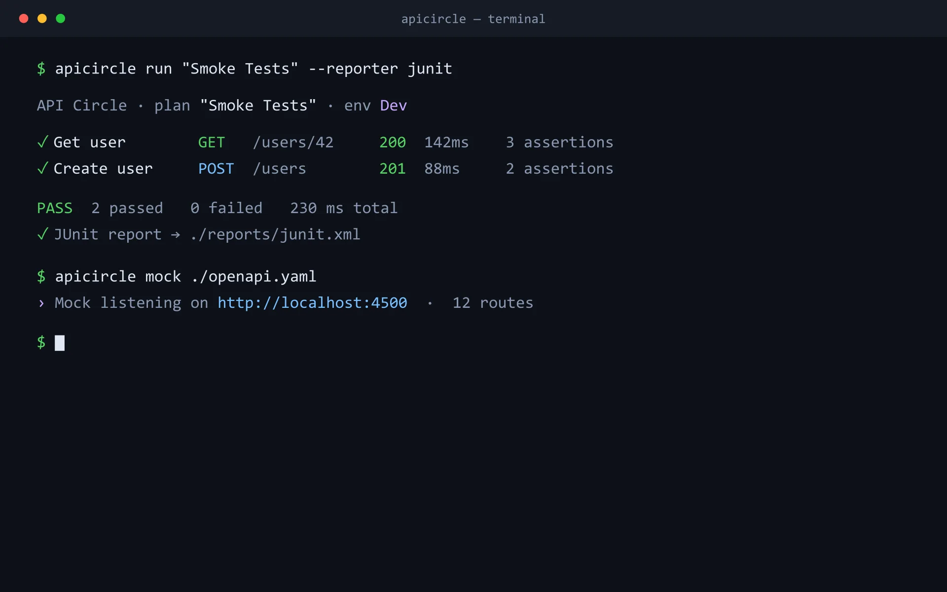 The apicircle command-line interface running a collection