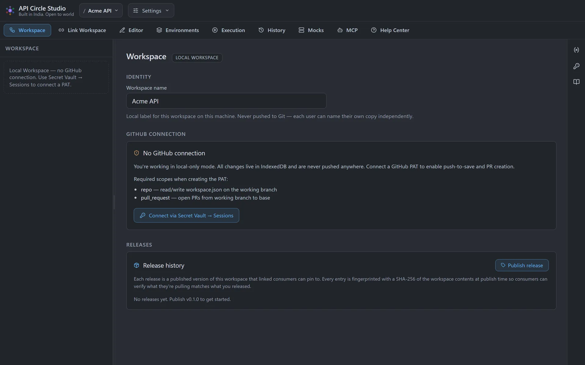 The Workspace panel showing GitHub connection, working branch, and releases