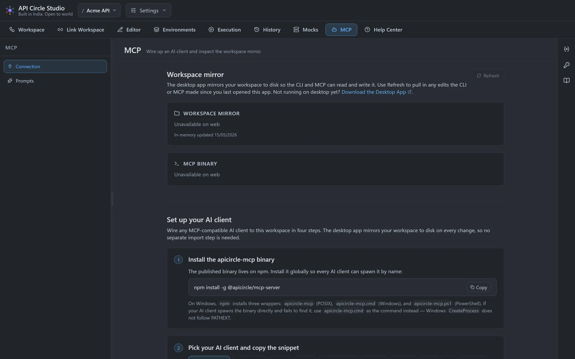 The MCP panel showing the workspace mirror and an AI client config snippet