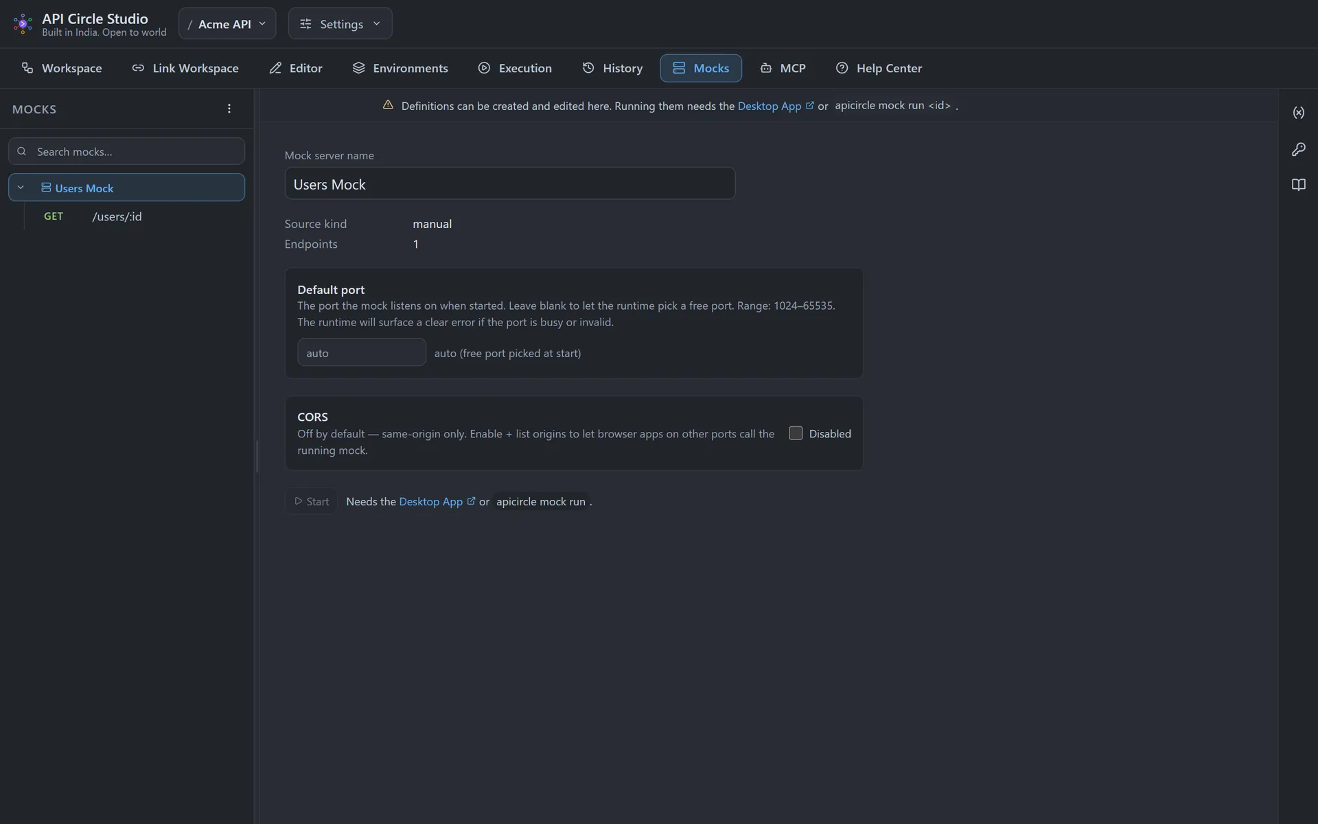 The Mocks panel showing a running mock server on localhost
