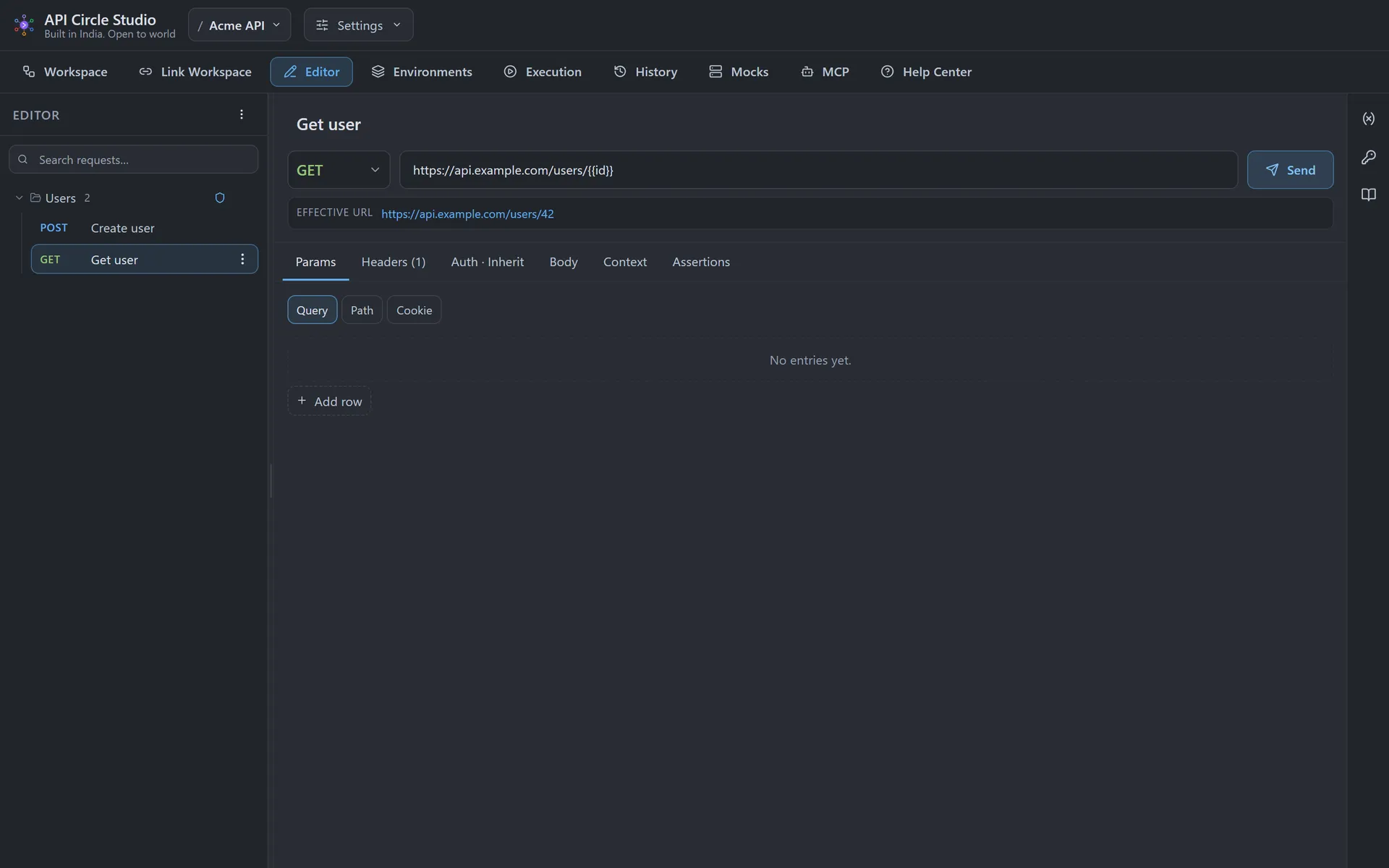 API Circle request editor showing a request, its response, and the workspace sidebar