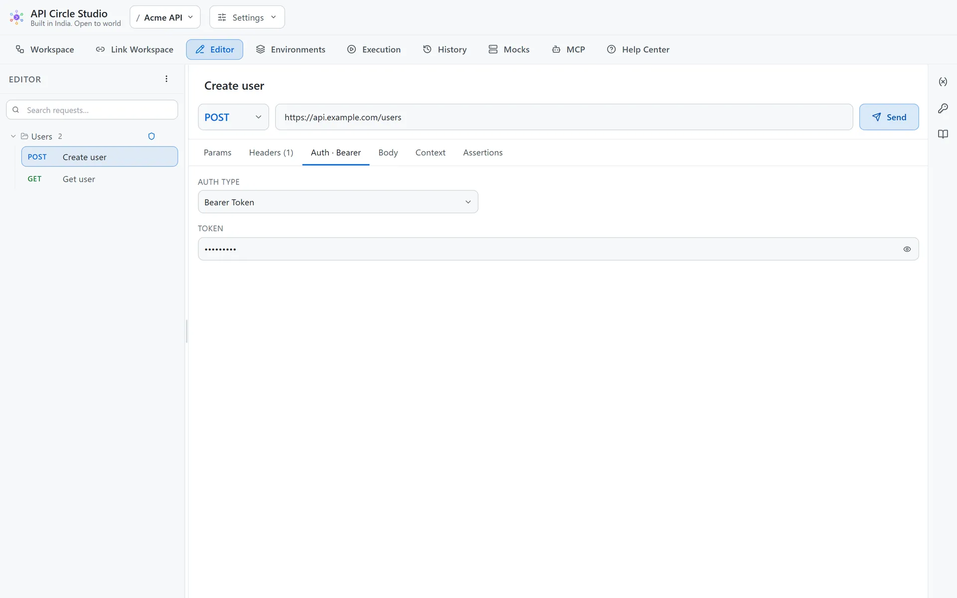API Circle request editor showing the authentication configuration