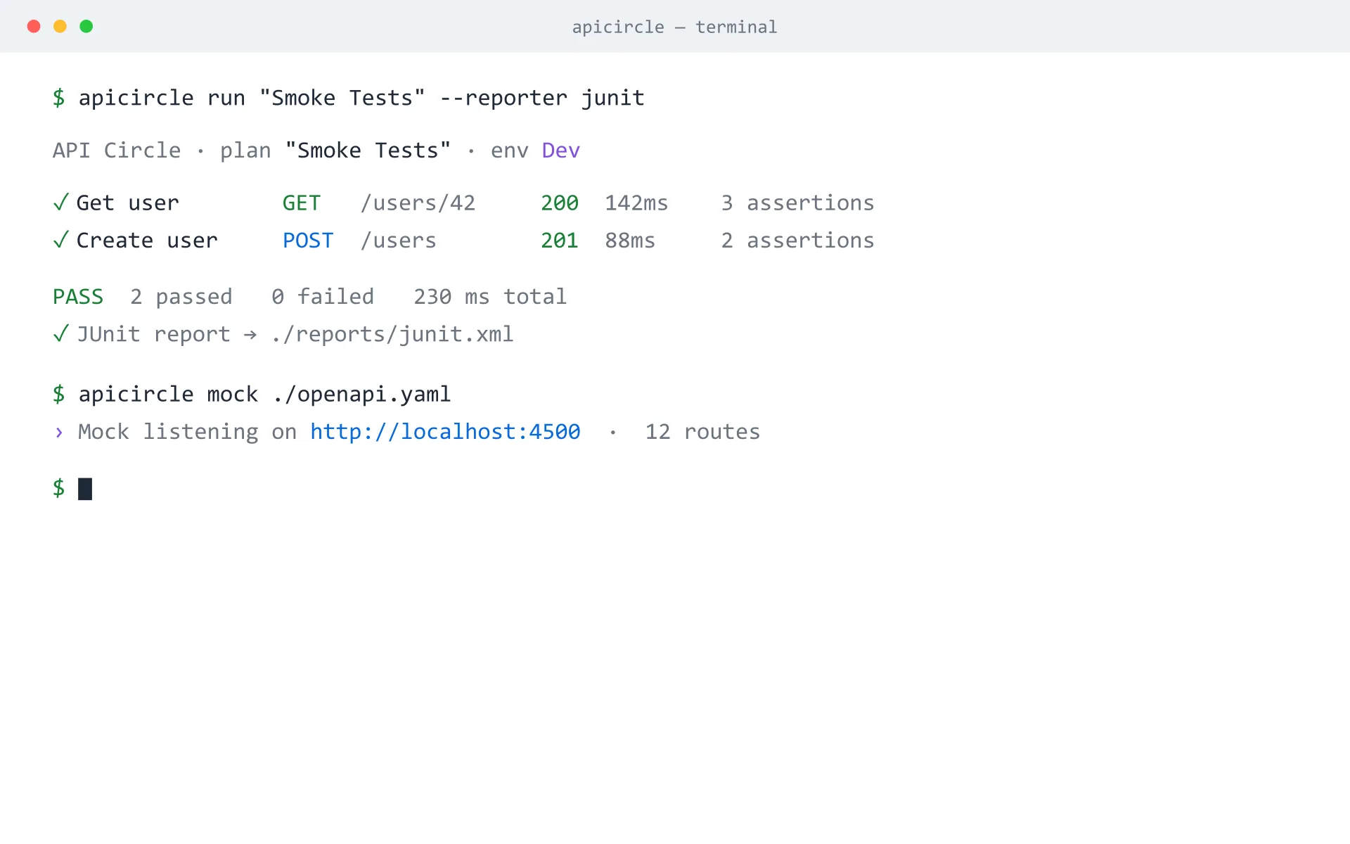 The apicircle command-line interface running a collection