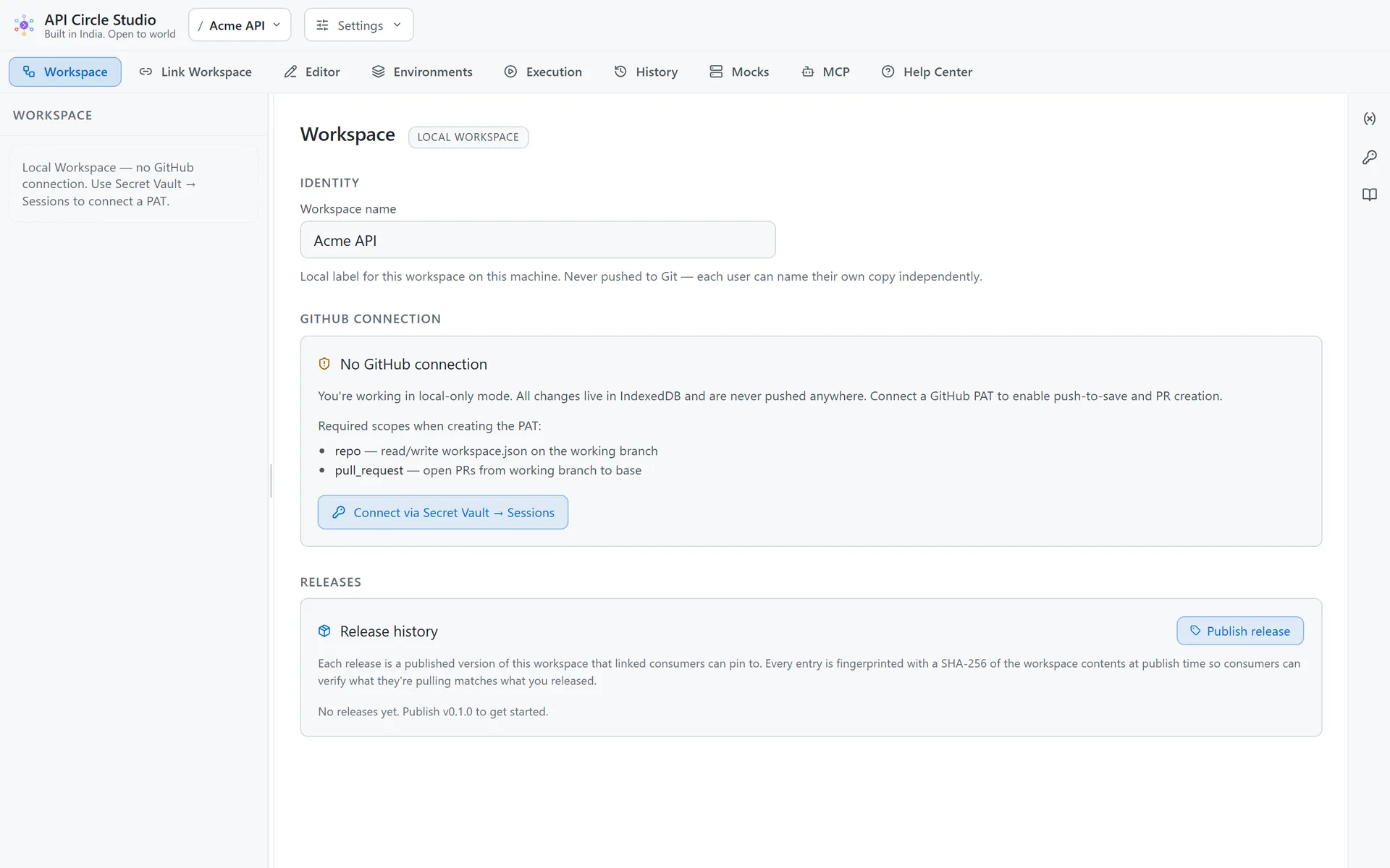 The Workspace panel showing GitHub connection, working branch, and releases