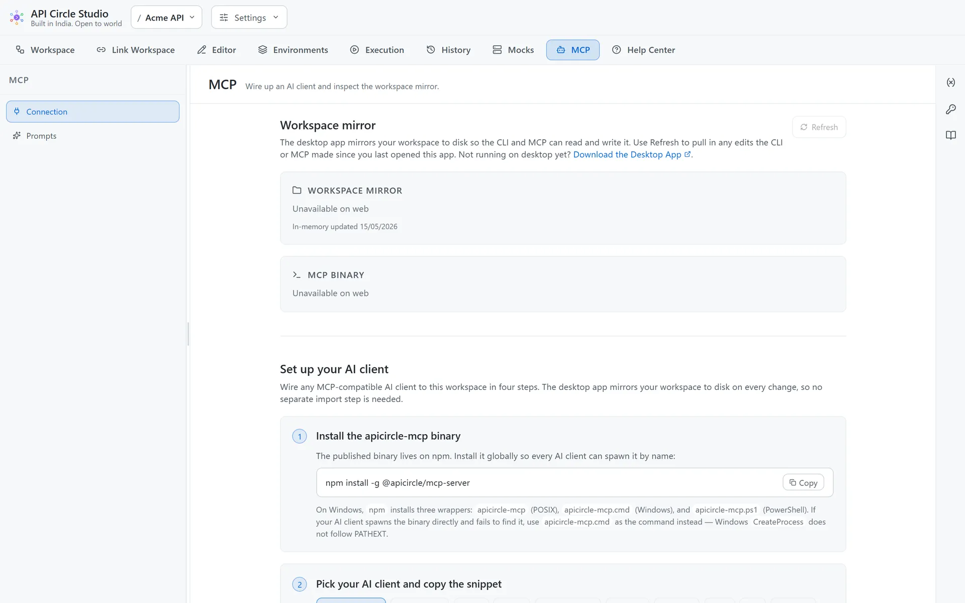 The MCP panel showing the workspace mirror and an AI client config snippet