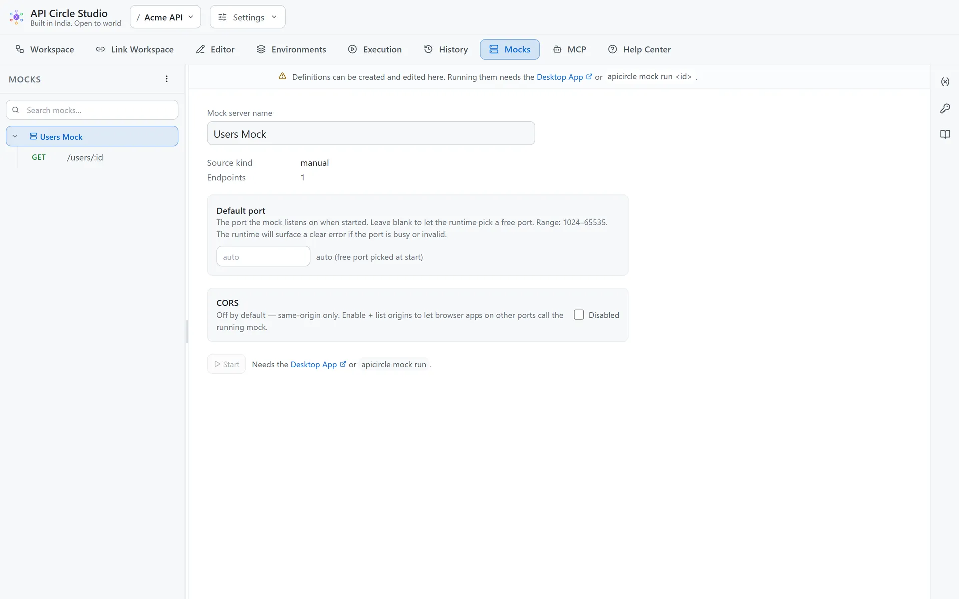 The Mocks panel showing a running mock server on localhost