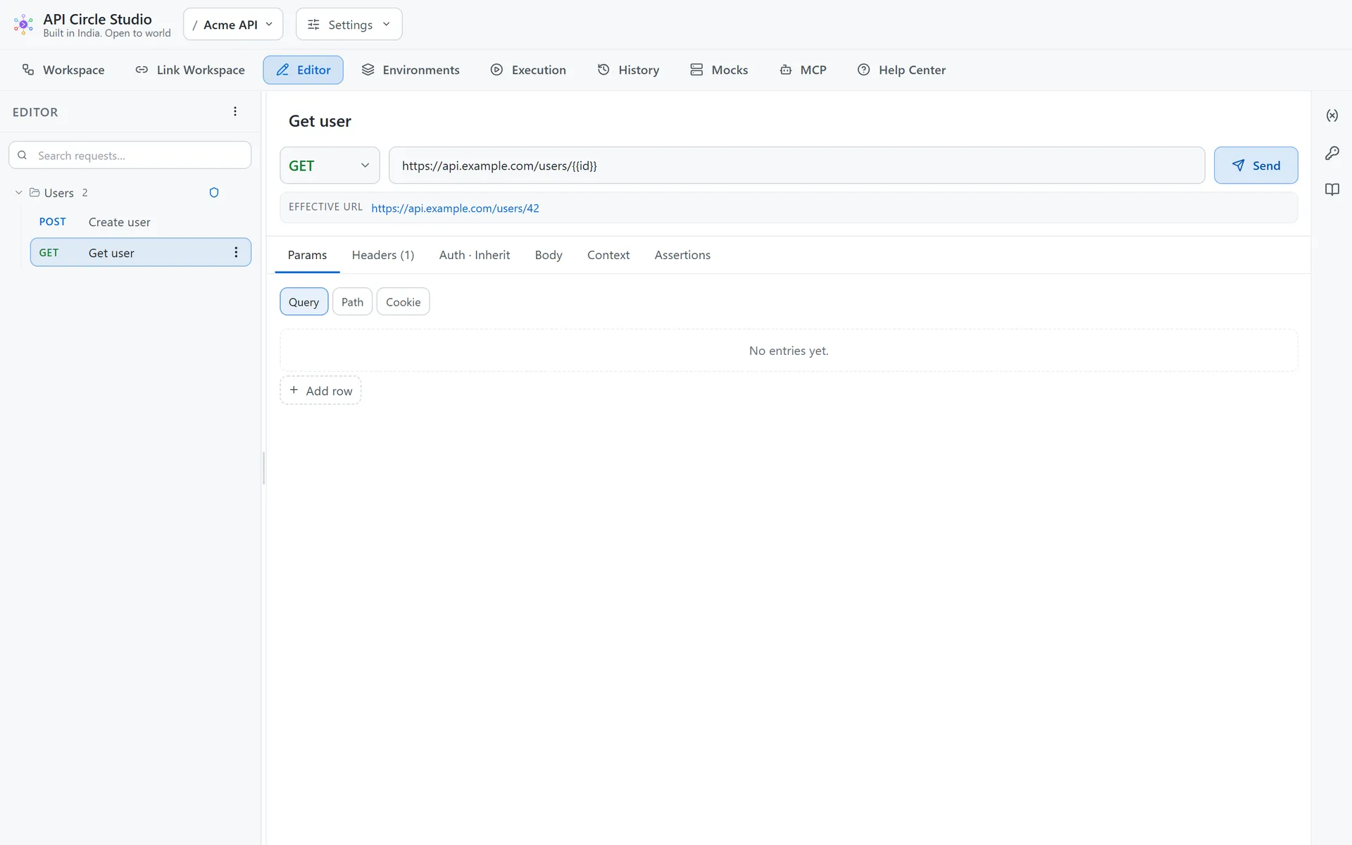 API Circle request editor showing a request, its response, and the workspace sidebar